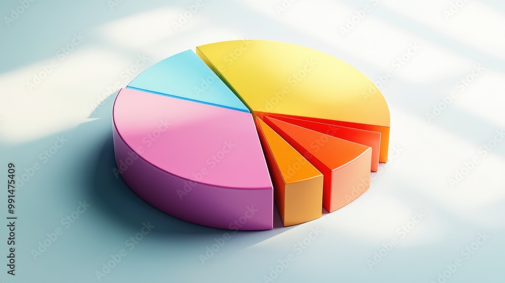 Poster a 3d pie chart in vibrant colors with thick slices, some sections pulled apart for emphasis, placed 