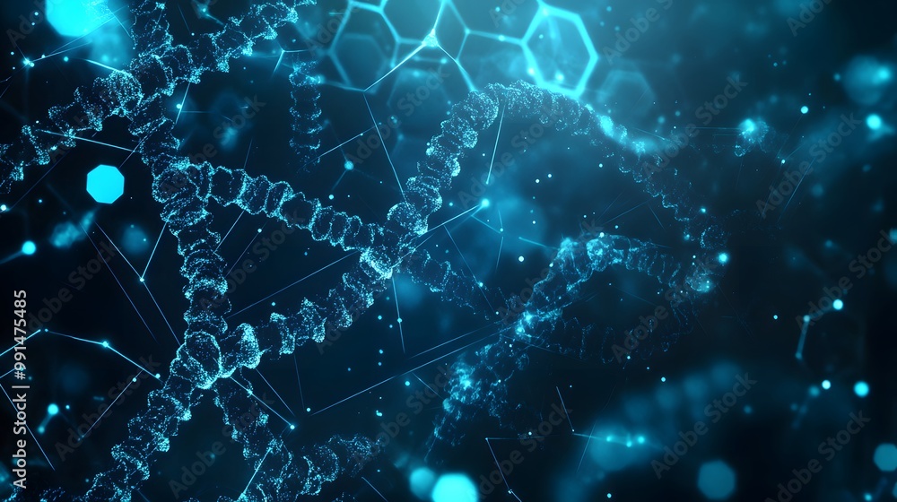 Poster abstract representation of dna strands with a network of blue lines and glowing points