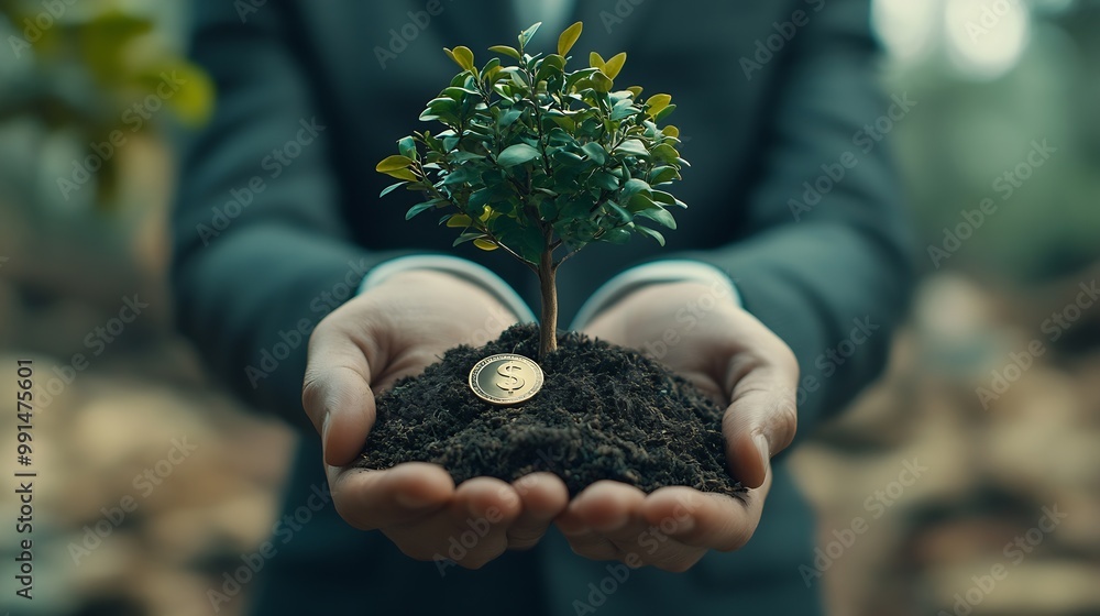 Aufkleber A businessman holding a coin with a tree that grows and a tree that grows on a pile of money The idea of maximizing the profit from the business investment : Generative AI