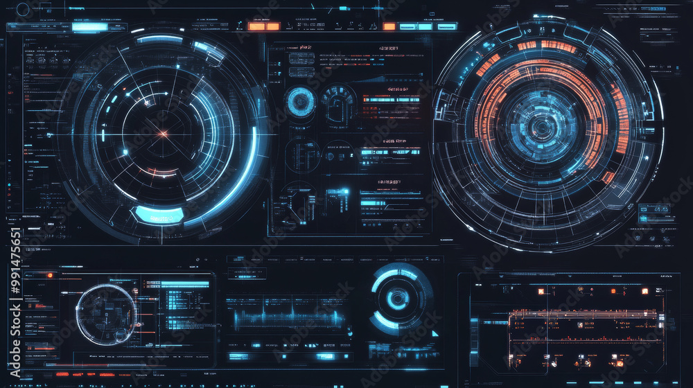 Poster modern, futuristic user interface elements designed for science fiction games. the abstract hud incl