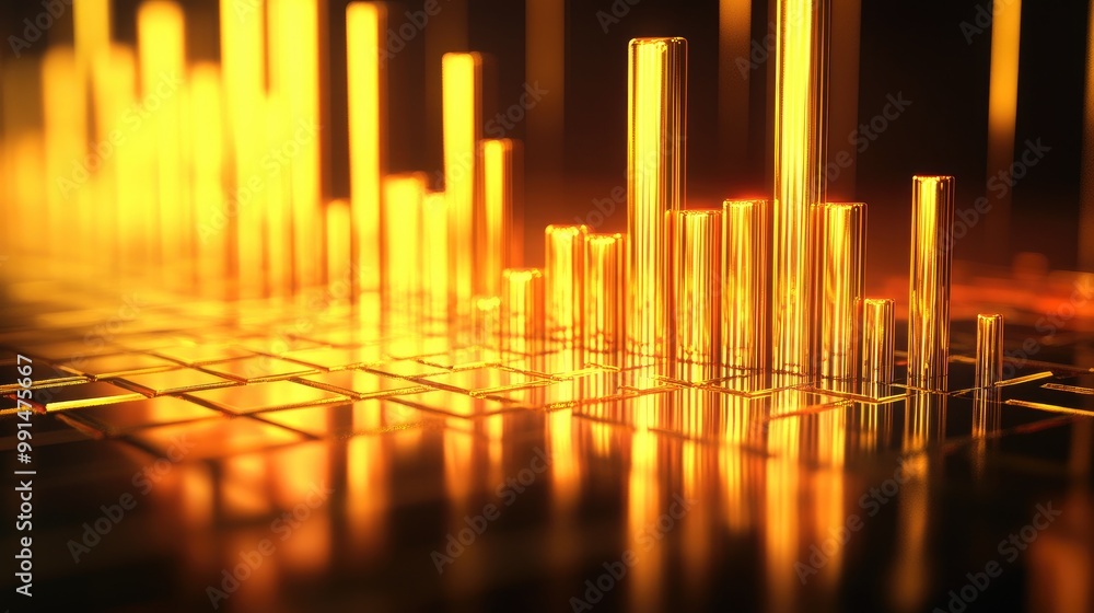Poster a 3d rendering of a gold bar chart on a reflective surface, with bars of varying heights, representi
