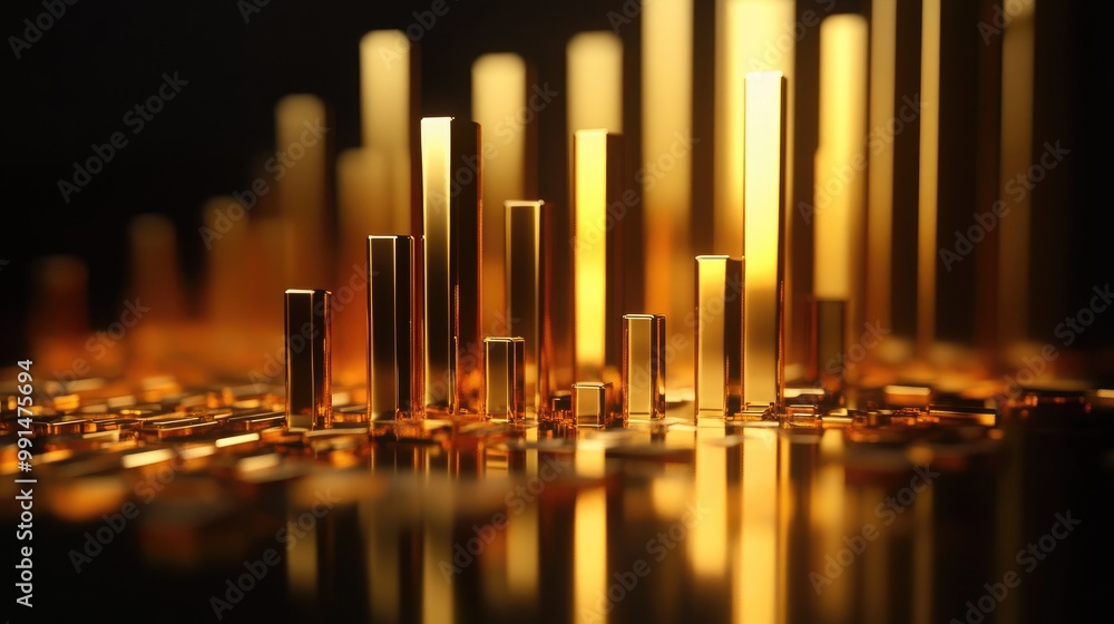 Poster a 3d rendering of a gold bar chart on a reflective surface, with bars of varying heights, representi