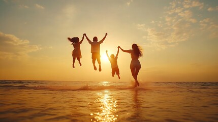 Happy asian family jumping together on the beach in holiday Silhouette of the family holding hands enjoying the sunset on the  beachHappy family travel and vacations concept : Generative AI