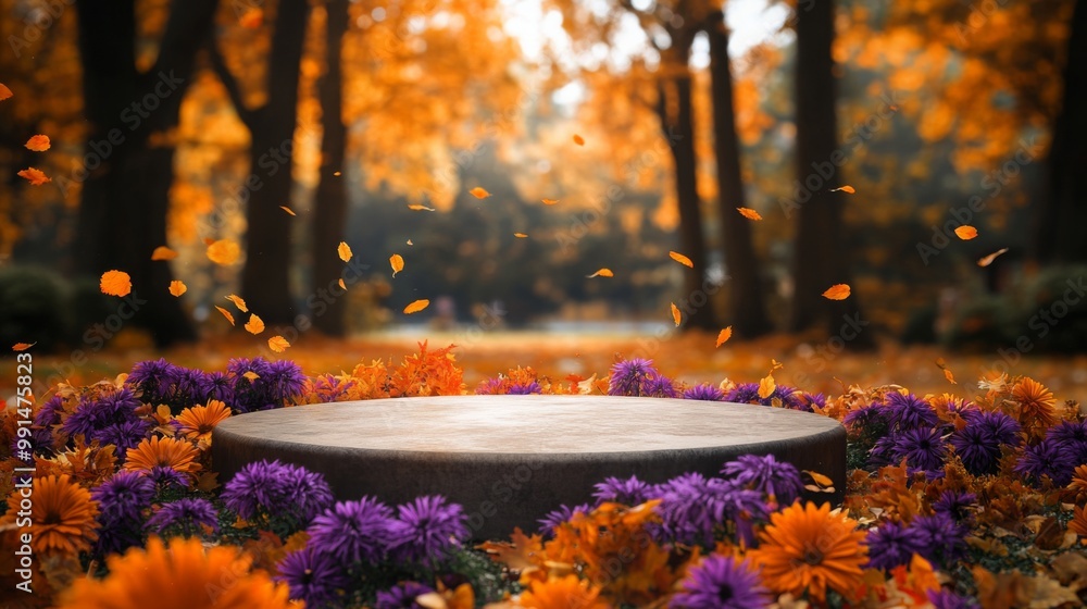 Poster colorful flowers bloom in a circular arrangement as leaves fall gently from trees during autumn in a