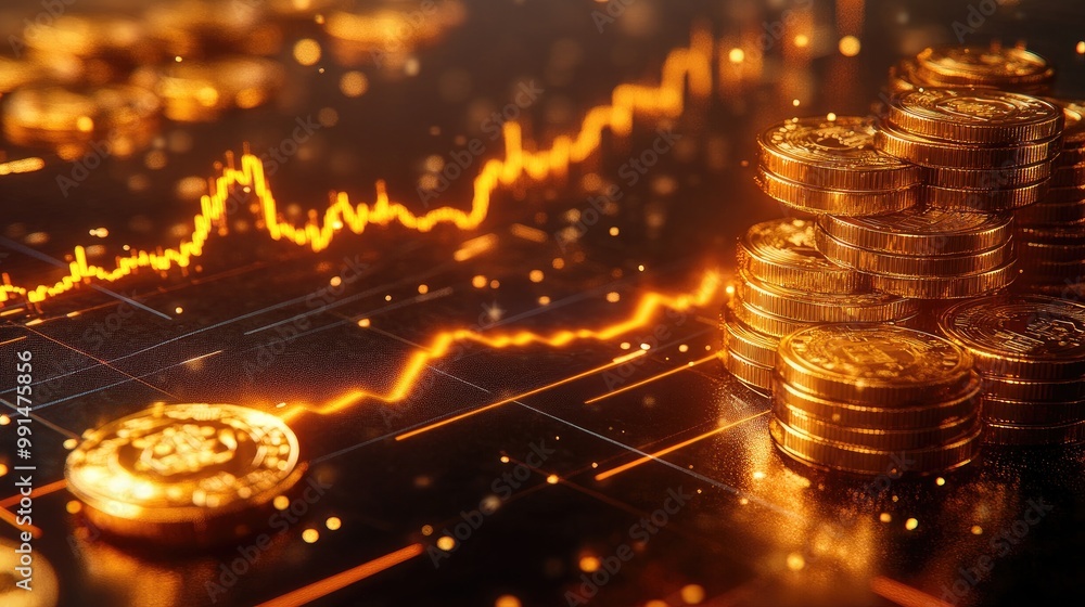 Poster a 3d rendering of gold coins and bars stacked alongside a glowing gold line graph, representing weal