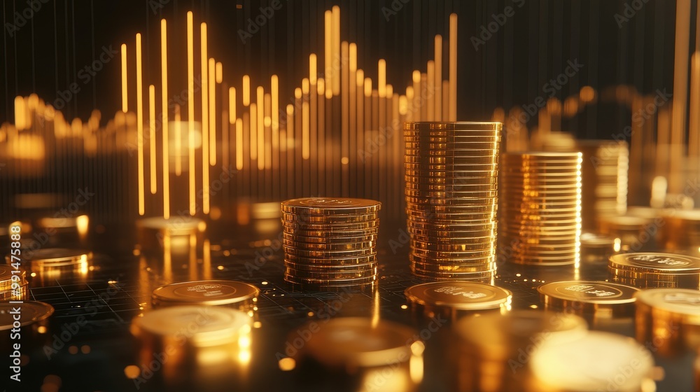 Poster a 3d rendering of gold coins and bars stacked alongside a glowing gold line graph, representing weal