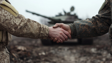 Fototapeta premium An emotional scene of soldier and his former enemy shaking hands, symbolizing peace