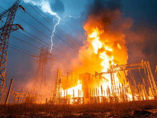 A dramatic scene of an electrical substation engulfed in flames and sparks, illuminated by lightning