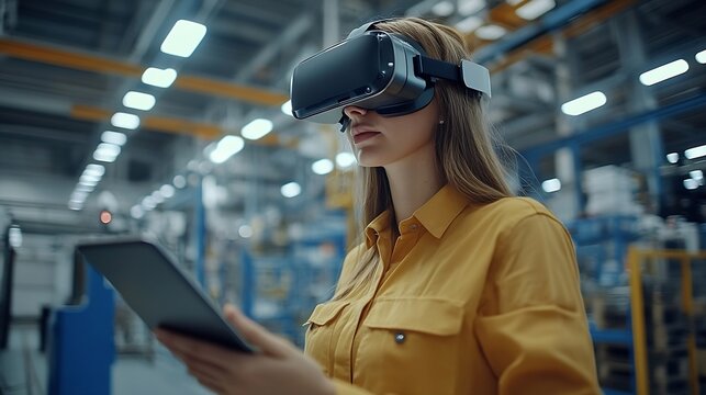 Businesswoman wearing vr glasses with colleague using tablet pc in factory : Generative AI