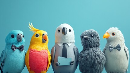 10 Bird networking at a business conference, exchanging business cards with other animal professionals, modern and dynamic