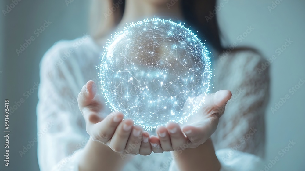Fototapete woman hand holding virtual global internet connection metaverse business global internet connection 