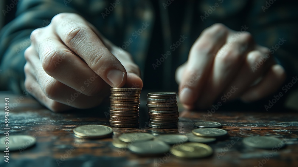 Poster man counts his coins on a table personal finance finance management savings thrifty or avarice conce