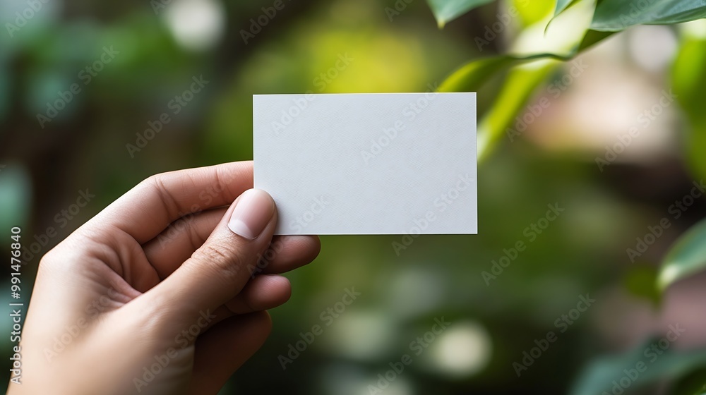 Aufkleber Hand hold blank plain white business card design mockup Clear calling cards mock up template holding arm Visit pasteboard paper surface display front Check small offset print Business  : Generative AI