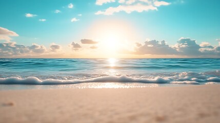 Abstract blur defocused background nature of tropical summer beach with rays of sun light Golden sand beach sea water against blue sky with white clouds Copy space summer vacation conc : Generative AI