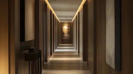 Obraz premium A beautifully designed hallway with clean lines, minimalist artwork, and subtle lighting, creating an elegant transition between spaces.