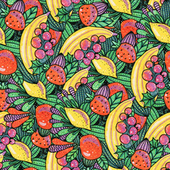 Seamless pattern with tropical fruits.