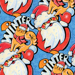 Christmas Seamless pattern with Santa Claus and a cat.