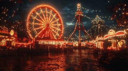 Creepy carnival with haunted rides and monstrous attractions on Halloween. 3D illustration