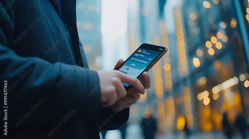 Poster Businessman using mobile smart phone Business global internet connection application technology and digital marketing Financial and banking Digital link tech big data : Generative AI