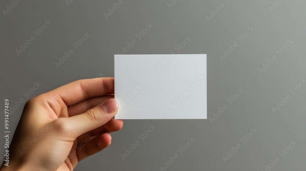 Poster Mockup square empty blank white postcard holds the man in his hand Isolated on a gray background : Generative AI