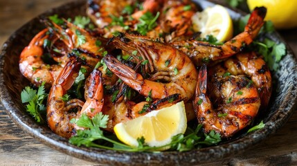 A beautifully grilled platter of prawns, glistening with a smoky char and garnished with fresh herbs and lemon wedges, set against a rustic wooden table