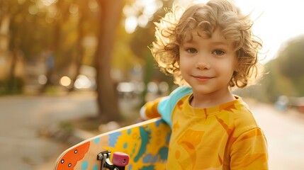Bright Curly-Haired Boy with Colorful Longboard at the Beach – Fun and Adventure