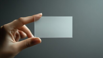 Hand hold blank vertical translucent card mockup with rounded corners Plain clear callcard mock up template holding arm Plastic transparent acrylic namecard display front : Generative AI