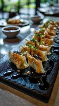 Gyoza dumplings with Shrimp on black stone plate with soy sauce