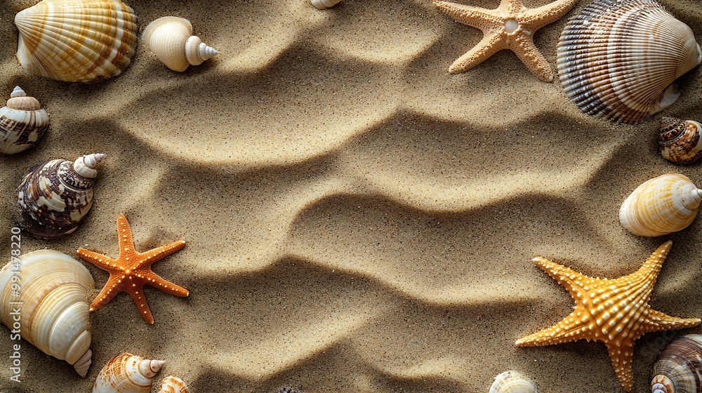Poster Top view of a sandy beach texture with imprints of exotic seashells and starfish as natural textured background : Generative AI