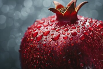 Pomegranate Dew: A close-up photo of a vibrant red pomegranate, glistening with dew drops. The image captures the beauty and freshness of this fruit, highlighting the texture and detail of its skin.