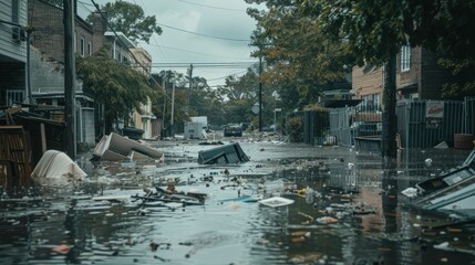 Aftermath of the Flood: A somber view of a residential street ravaged by a flood, debris and wreckage litter the flooded road, highlighting the devastation of natural disasters.  