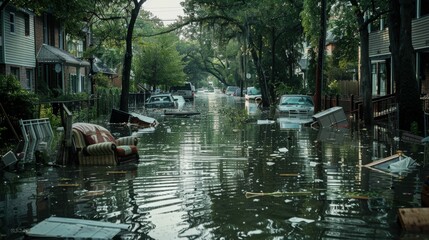 Obraz premium Flooded Street: A haunting view of a residential street submerged in floodwaters, debris scattered amidst the rising tide, a stark reminder of the destructive power of nature. 