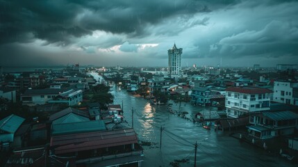 Fototapeta premium Stormy Cityscape: A brooding, cinematic view of a city submerged in floodwater, with dramatic storm clouds casting an ominous shadow over the urban landscape. 