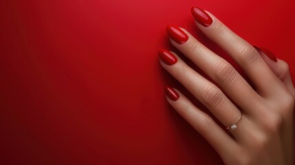Elegant red manicure with a delicate ring against a striking red background, capturing a moment of beauty. Generative AI