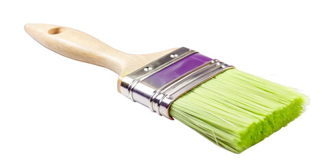 A brush with bright green bristles and a wooden handle can be seen against a transparent background. The metallic sleeve of the brush is shiny and well defined. AI generated.