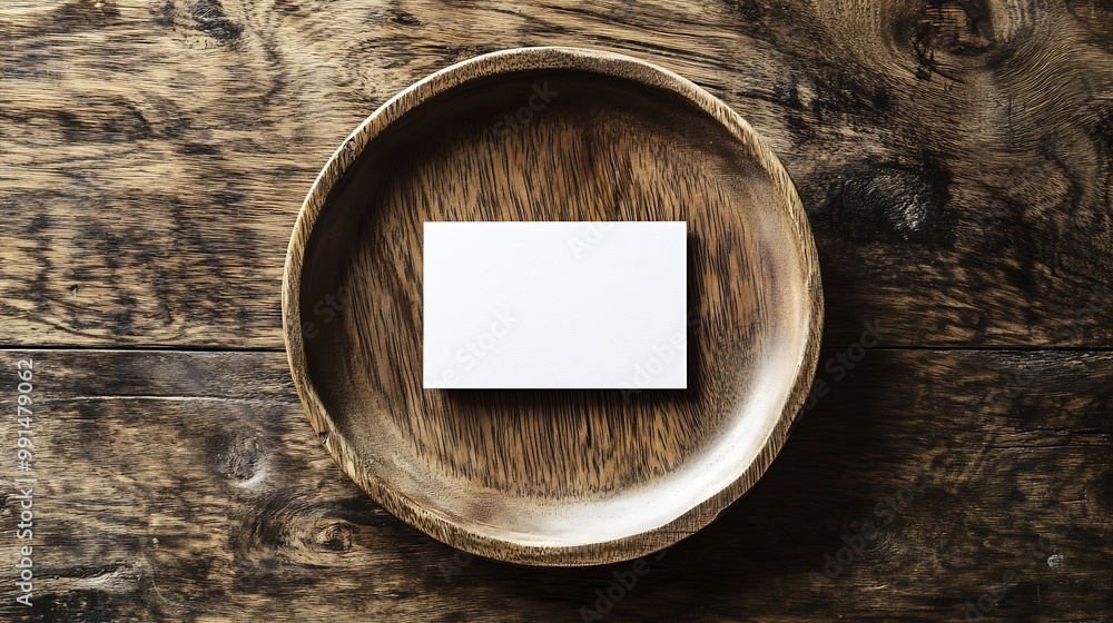 Poster blank white business card mockup on wooden plate chop board grey table backgound modern minimalist t