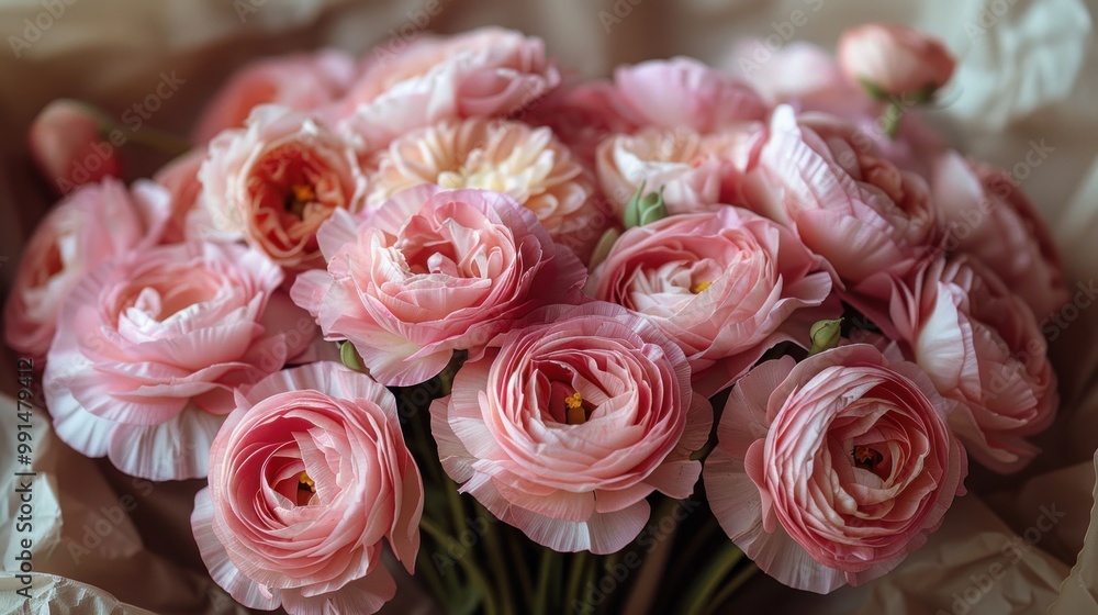 Wall mural a bouquet of delicate pink ranunculus blooms wrapped in soft tissue paper, celebrating spring's vibr