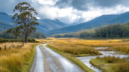 Fototapeta premium STYX VALLEY AUSTRALIA FEBRUARY 20 2024 Landscape of the Styx River area of the Styx Valley near Maydena in Southwest National Park Tasmania Australia : Generative AI