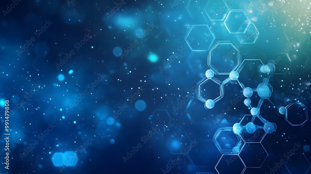 Poster abstract blue background with geometric shapes and molecular structure