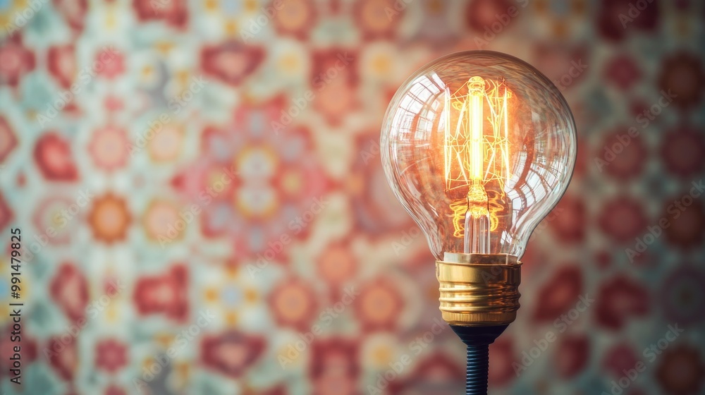 Poster close-up of a decorative bulb with a patterned background, with plenty of copy space on the right si