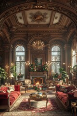 Obraz premium The Elegance of Victorian Interior Design Captured in a Luxurious Living Room Decor with Ornate Ceiling, Antique Furniture, and Lavish Chandeliers Illuminating the SpaceVictorian