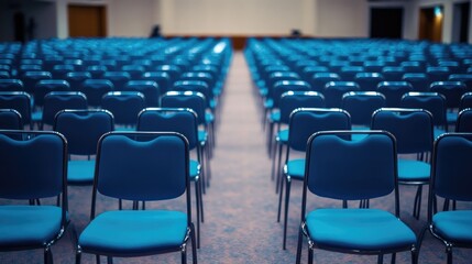 Fototapeta premium Neatly arranged blue chairs in an empty conference hall, a peaceful and professional setting before the event starts