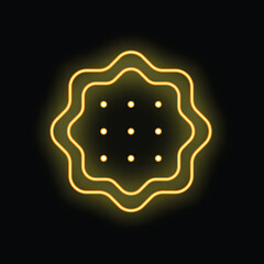Yellow neon sign of a round cookie with dots, glowing on a black background