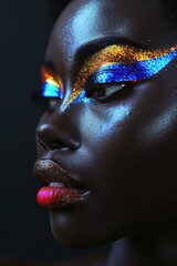 Close-up portrait of a young woman with vibrant, colorful face paint featuring intricate blue and gold eye makeup and glitter on glossy skin in dramatic lightingColorful face paint