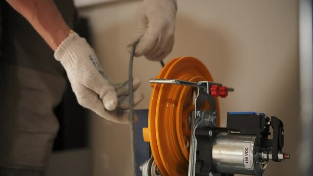 specialist sets up elevator equipment