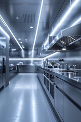 Futuristic and Sleek Stainless Steel Professional Commercial Restaurant Kitchen Interior with Modern Appliances and LED Lighting AccentsFuturistic