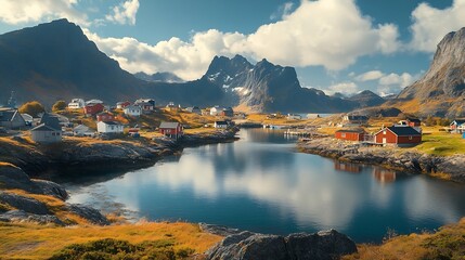 A small picturesque village by the sea in a vast and rugged landscape Veidnes Berlevg : Generative AI