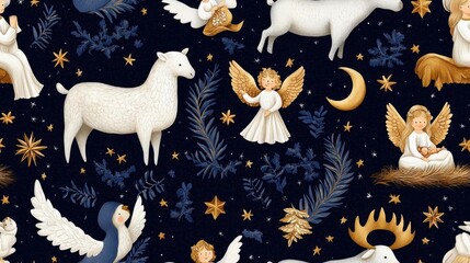 Design a harmonious pattern of Christmas stars, angels, and nativity scenes, set against a night sky filled with wonder