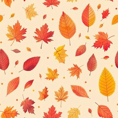 Obraz premium A seamless pattern featuring various autumn leaves in shades of orange, red, and yellow