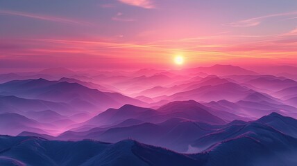 Fototapeta premium Beautiful Mountain Range at Sunrise with Serene Pink and Purple Sky, Majestic Layers of Mist and Fog, Scenic Landscape in Pastel Colorssunrise